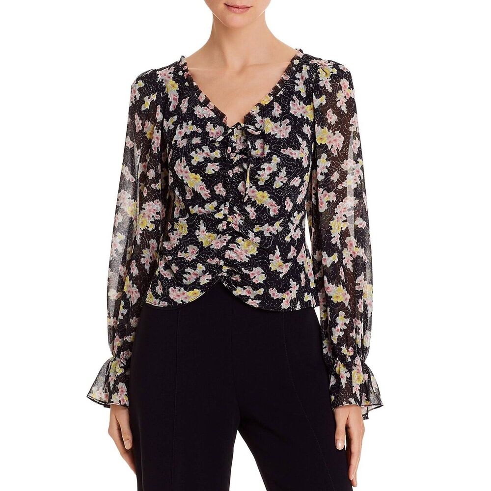 NWOT Cinq A Sept XS Kimberly Ruched Long Sleeve Top Black White Floral SemiSheer